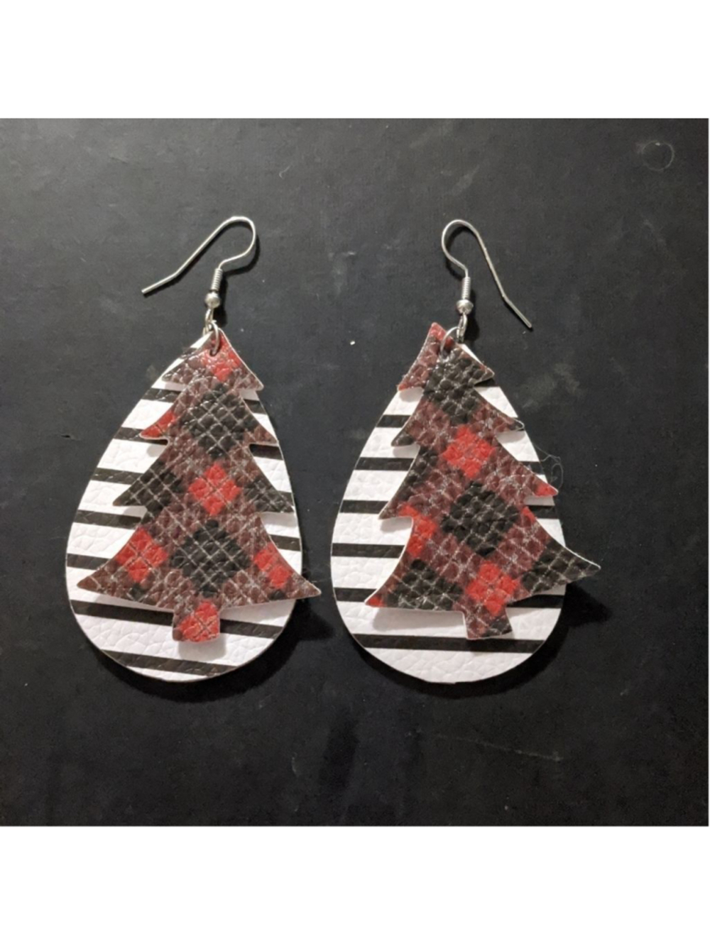 Leather Red Plaid Christmas Tree and Striped Teardrop Holiday Statement Earrings